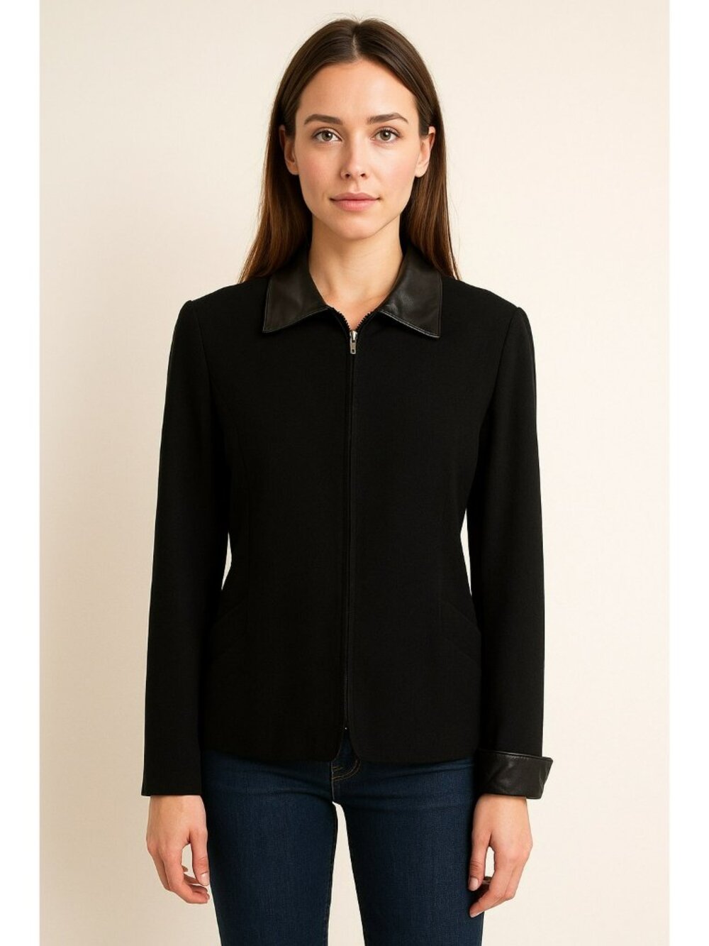 Womens Black Wool Blazer W/ Leather Collar & Cuffs Size M